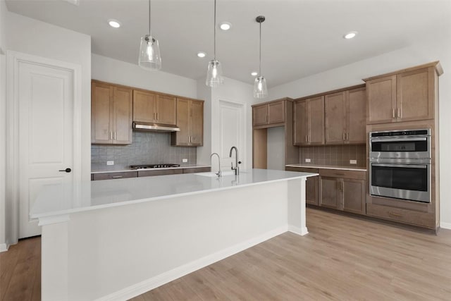 kitchen featuring light wood finished floors, under cabinet range hood, a sink, decorative backsplash, and appliances with stainless steel finishes