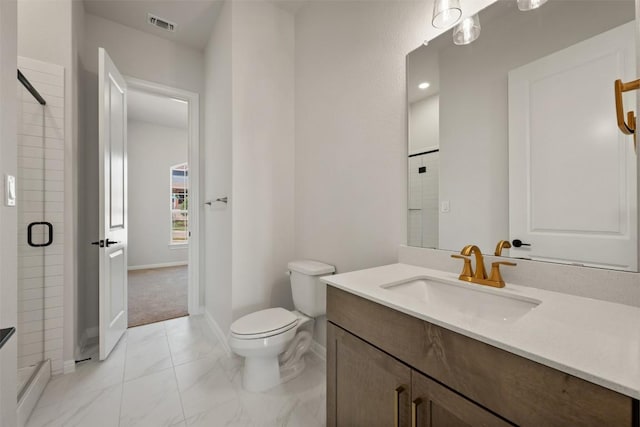 bathroom featuring marble finish floor, baseboards, a tile shower, and visible vents