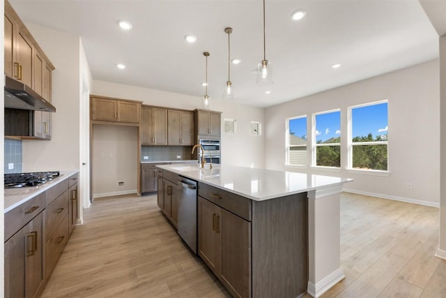 kitchen with under cabinet range hood, appliances with stainless steel finishes, tasteful backsplash, and light wood-style floors