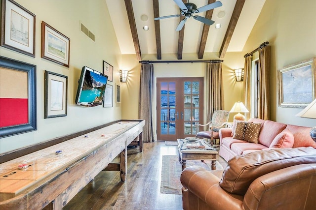 6704 Pixie Cv, Austin, TX 78746 - living area with wood finished floors, a ceiling fan, and french doors