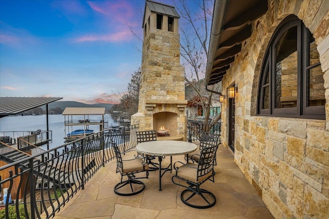 6704 Pixie Cv, Austin, TX 78746 - patio terrace at dusk with an outdoor stone fireplace, boat lift, and a patio area