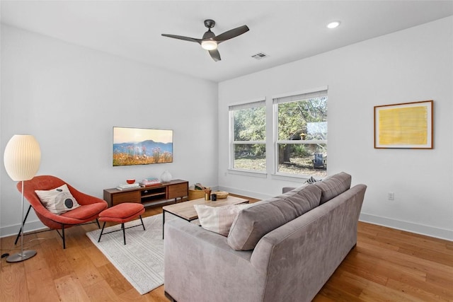 130 Volterra Ln, Dripping Springs, TX 78620 - living room featuring light wood finished floors, a ceiling fan, and recessed lighting