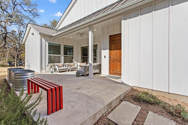 130 Volterra Ln, Dripping Springs, TX 78620 - view of patio with an outdoor hangout area and a ceiling fan