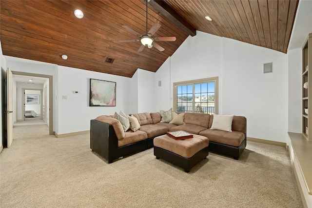 114 Flying Scot St, Lakeway, TX 78734 - living area with wooden ceiling with exposed beams, carpet floors, baseboards, a ceiling fan, and high vaulted ceiling