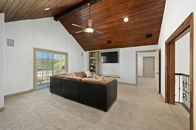 114 Flying Scot St, Lakeway, TX 78734 - living area with wood ceiling with exposed beams, baseboards, light carpet, a ceiling fan, and high vaulted ceiling