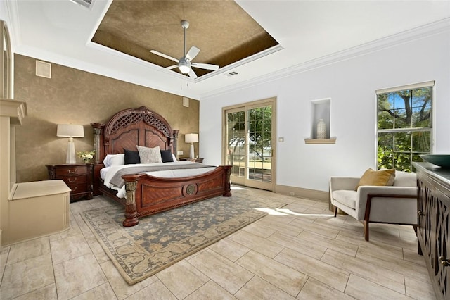 114 Flying Scot St, Lakeway, TX 78734 - bedroom featuring a tray ceiling, access to exterior, crown molding, ceiling fan, and baseboards