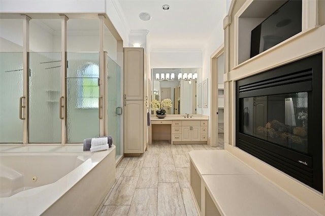 114 Flying Scot St, Lakeway, TX 78734 - full bath with a shower stall, a whirlpool tub, vanity, and crown molding