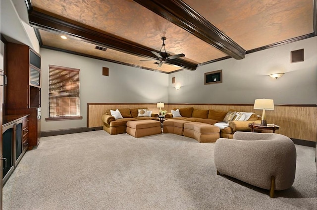114 Flying Scot St, Lakeway, TX 78734 - living area with carpet flooring, ceiling fan, beam ceiling, wainscoting, and wood walls