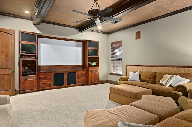 114 Flying Scot St, Lakeway, TX 78734 - carpeted living area with a ceiling fan, ornamental molding, beam ceiling, baseboards, and recessed lighting