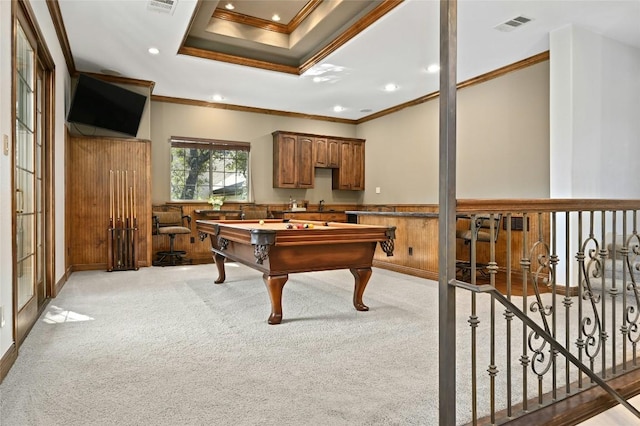 114 Flying Scot St, Lakeway, TX 78734 - recreation room featuring crown molding, light colored carpet, recessed lighting, billiards table, and a raised ceiling