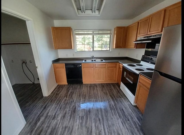 13217 Perconte Dr, Del Valle, TX 78617 - kitchen with black dishwasher, white electric range oven, freestanding refrigerator, under cabinet range hood, and dark countertops