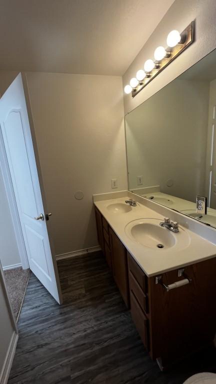 13217 Perconte Dr, Del Valle, TX 78617 - bathroom featuring wood finished floors and double vanity