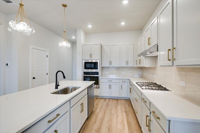 1409 S Brook Dr, Leander, TX 78641 - kitchen with appliances with stainless steel finishes, under cabinet range hood, light wood finished floors, decorative backsplash, and light countertops
