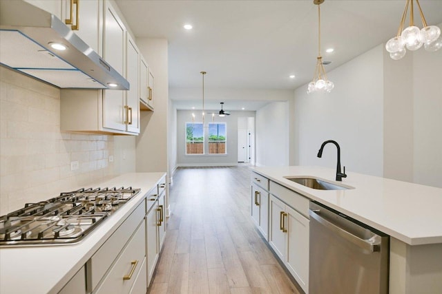 1409 S Brook Dr, Leander, TX 78641 - kitchen featuring appliances with stainless steel finishes, under cabinet range hood, light wood finished floors, light countertops, and recessed lighting