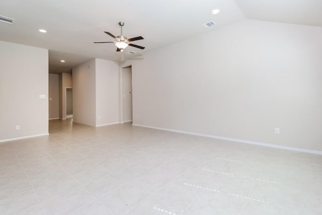 20411 Rockpark Ln, Lago Vista, TX 78645 - empty room with recessed lighting, ceiling fan, light tile patterned flooring, and lofted ceiling