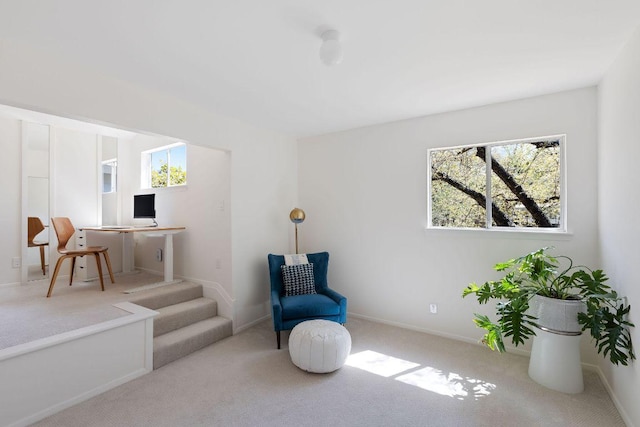 living area with baseboards and carpet flooring