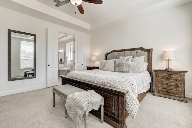212 Tovas Secret Cv, Georgetown, TX 78628 - bedroom with a ceiling fan, ensuite bath, baseboards, visible vents, and carpet
