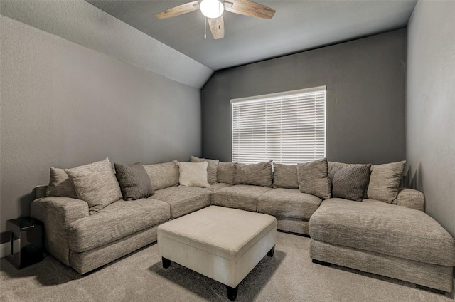 212 Tovas Secret Cv, Georgetown, TX 78628 - carpeted living area with vaulted ceiling and ceiling fan