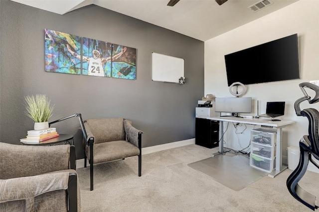 212 Tovas Secret Cv, Georgetown, TX 78628 - home office with ceiling fan, baseboards, light colored carpet, and visible vents