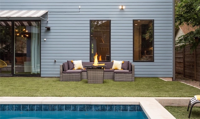 1502 Haskell St, Austin, TX 78702 - back of property featuring an outdoor living space with a fire pit and an outdoor pool