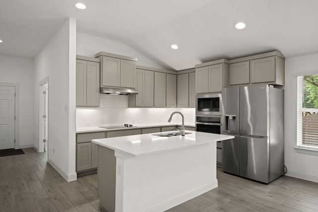 21203 Santa Rosa Ave, Lago Vista, TX 78645 - kitchen featuring appliances with stainless steel finishes, gray cabinets, light wood finished floors, vaulted ceiling, and recessed lighting