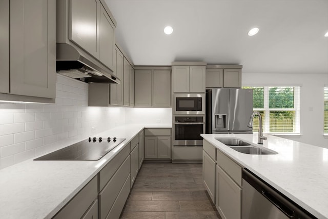 21203 Santa Rosa Ave, Lago Vista, TX 78645 - kitchen with stainless steel appliances, gray cabinets, under cabinet range hood, backsplash, and recessed lighting