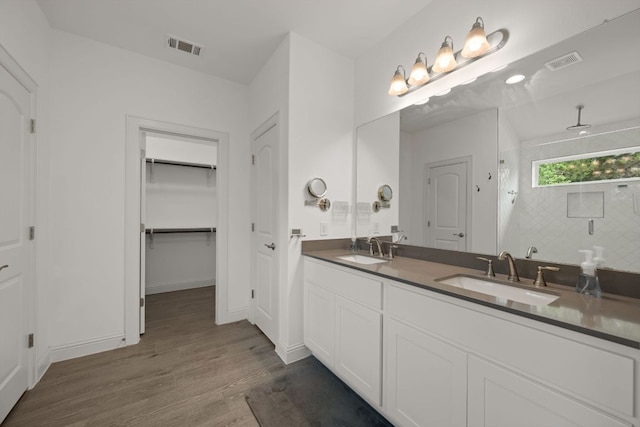 21203 Santa Rosa Ave, Lago Vista, TX 78645 - bathroom with wood finished floors, a stall shower, double vanity, and a walk in closet