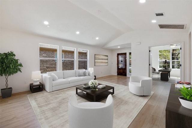 471 Bayou Bend Dr, Buda, TX 78610 - living area featuring light wood-type flooring, lofted ceiling, baseboards, recessed lighting, and a ceiling fan