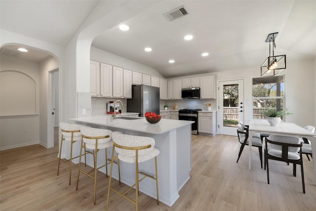 471 Bayou Bend Dr, Buda, TX 78610 - kitchen with stainless steel appliances, a sink, light countertops, a peninsula, and lofted ceiling