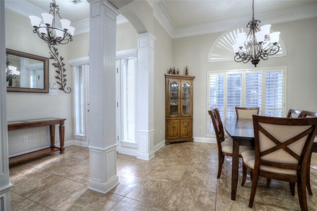 4209 N Sunflower Ln, Temple, TX 76502 - dining area with a chandelier, healthy amount of natural light, decorative columns, and crown molding