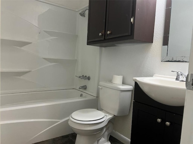 full bath featuring vanity, bathtub / shower combination, and toilet