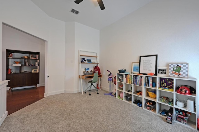 1909 Bobbywoods Ln, Manchaca, TX 78652 - rec room featuring ceiling fan, visible vents, baseboards, and carpet