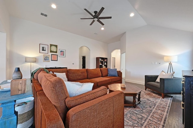 1909 Bobbywoods Ln, Manchaca, TX 78652 - living room with a ceiling fan, visible vents, arched walkways, lofted ceiling, and recessed lighting