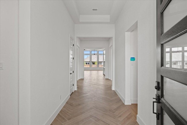 18716 Hopper Ln, Austin, TX 78738 - corridor featuring a tray ceiling and baseboards