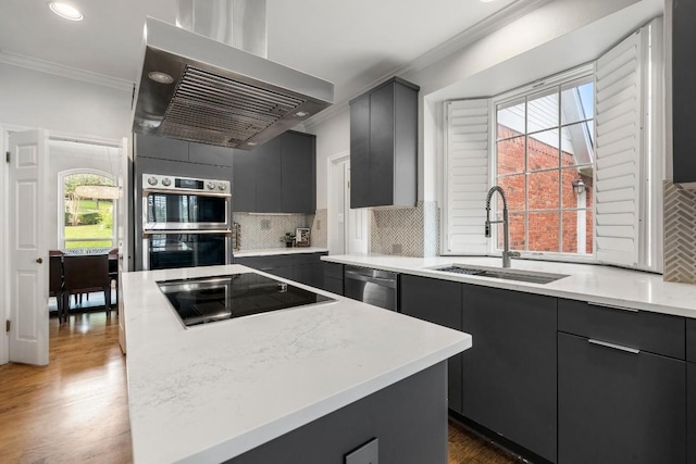 2807 Round Table Rd, Austin, TX 78746 - kitchen with extractor fan, stainless steel appliances, crown molding, dark cabinetry, and a kitchen island