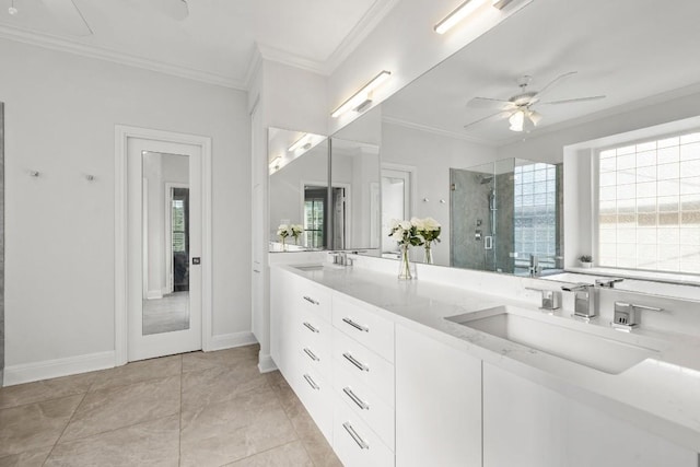 2807 Round Table Rd, Austin, TX 78746 - full bath featuring a shower stall, double vanity, a ceiling fan, and ornamental molding