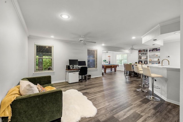 2807 Round Table Rd, Austin, TX 78746 - living room with a ceiling fan, crown molding, recessed lighting, and dark wood finished floors