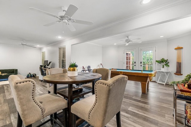 2807 Round Table Rd, Austin, TX 78746 - dining room featuring recessed lighting, pool table, light wood-type flooring, ceiling fan, and ornamental molding
