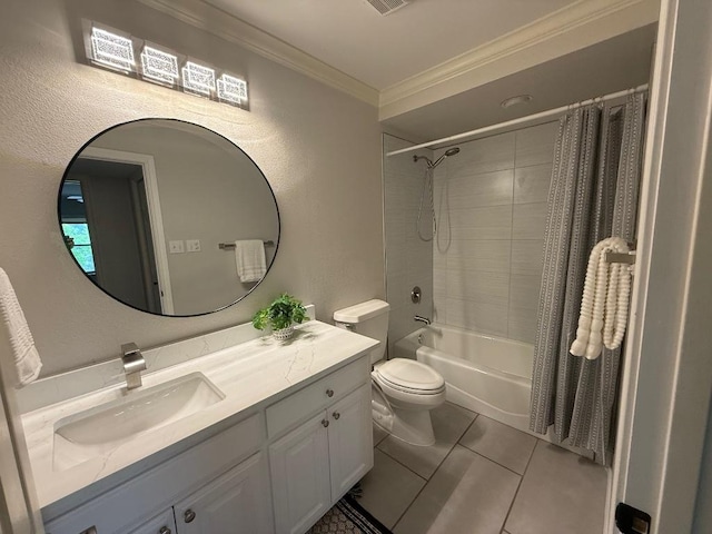 2807 Round Table Rd, Austin, TX 78746 - bathroom with ornamental molding, vanity, shower / tub combo, tile patterned flooring, and a textured wall