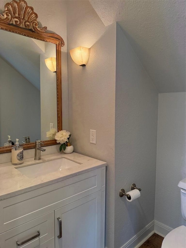 2807 Round Table Rd, Austin, TX 78746 - bathroom featuring vaulted ceiling, vanity, and a textured wall