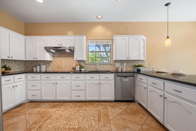 314 Hurst Creek Rd, Lakeway, TX 78734 - kitchen with dishwasher, under cabinet range hood, backsplash, white cabinets, and recessed lighting