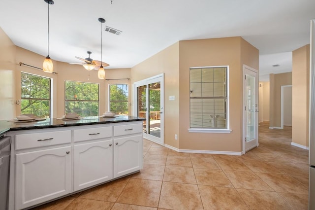 314 Hurst Creek Rd, Lakeway, TX 78734 - kitchen featuring white cabinetry, a ceiling fan, light tile patterned flooring, and plenty of natural light