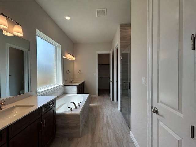 8217 Grenadier Dr, Austin, TX 78738 - bathroom with vanity, a garden tub, a stall shower, and a spacious closet