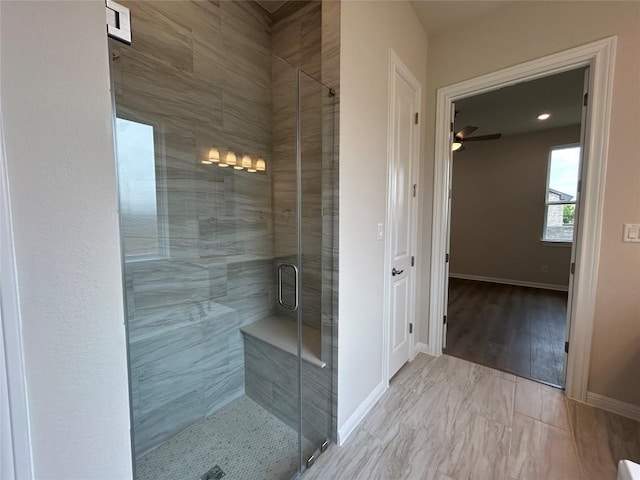 8217 Grenadier Dr, Austin, TX 78738 - full bath with a shower stall and ceiling fan