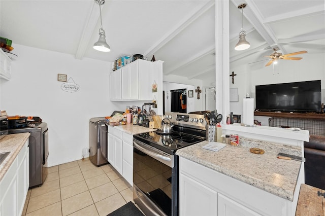 kitchen featuring separate washer and dryer, electric range, white cabinets, a ceiling fan, and vaulted ceiling with beams