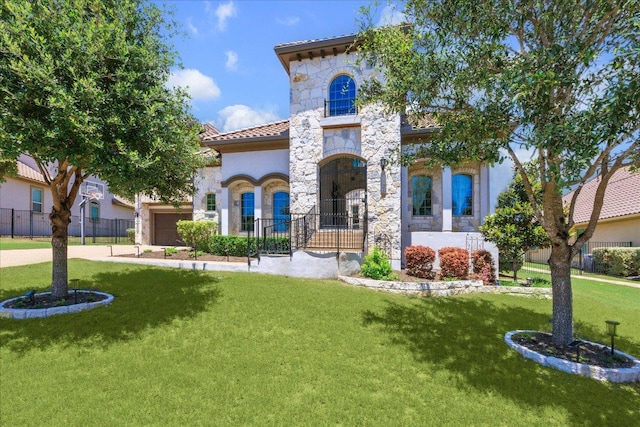 1600 Morning Moon Cir, Austin, TX 78732 - view of front of property with a tile roof, a garage, stucco siding, stone siding, and driveway