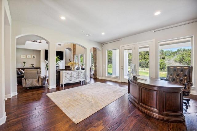 1600 Morning Moon Cir, Austin, TX 78732 - office space with arched walkways, recessed lighting, and dark wood-type flooring