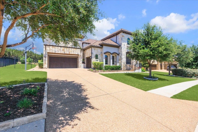 1600 Morning Moon Cir, Austin, TX 78732 - mediterranean / spanish home with stone siding, concrete driveway, a garage, a tiled roof, and stucco siding