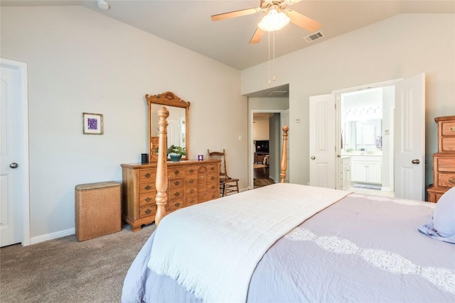 351 Still Hollow Crk, Buda, TX 78610 - bedroom with vaulted ceiling, carpet, connected bathroom, a ceiling fan, and baseboards