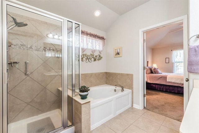 351 Still Hollow Crk, Buda, TX 78610 - full bath featuring a bath, tile patterned flooring, ensuite bathroom, a shower stall, and vaulted ceiling